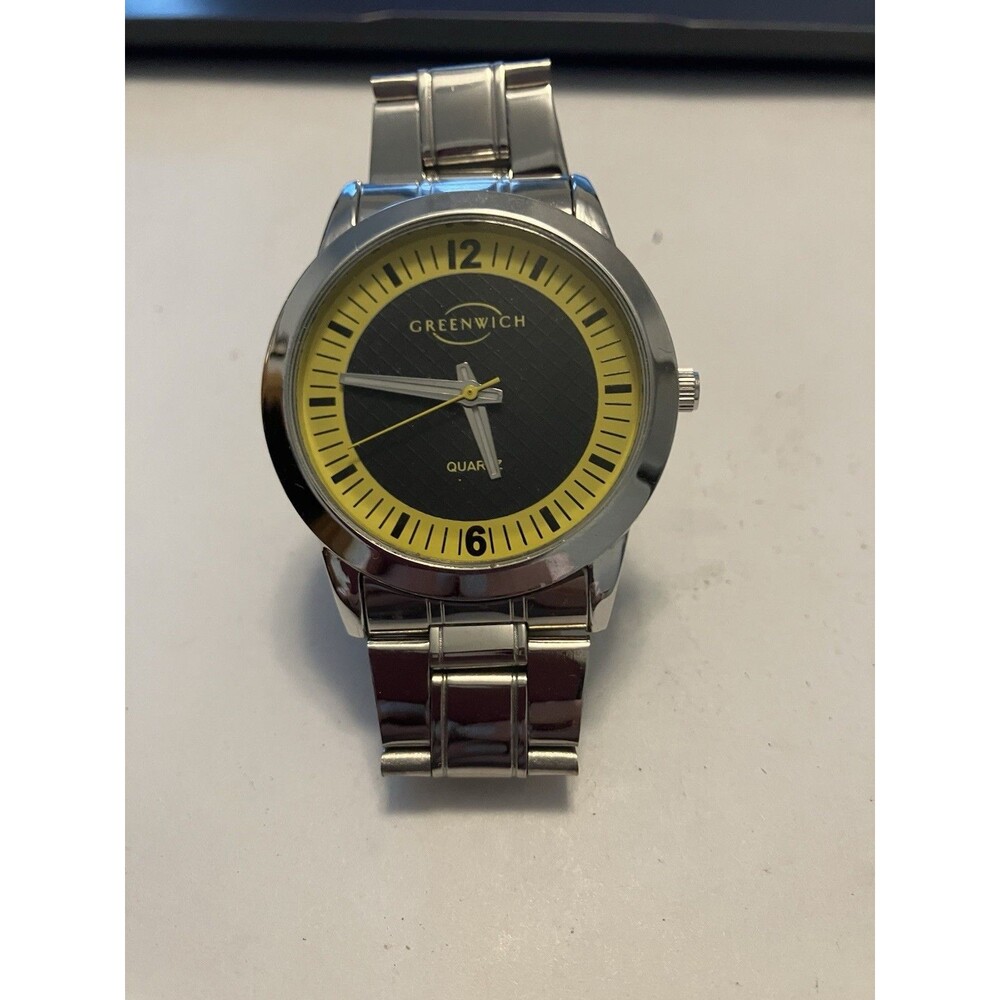Greenwich Mens Watch Black Yellow face working silver case band needs repair